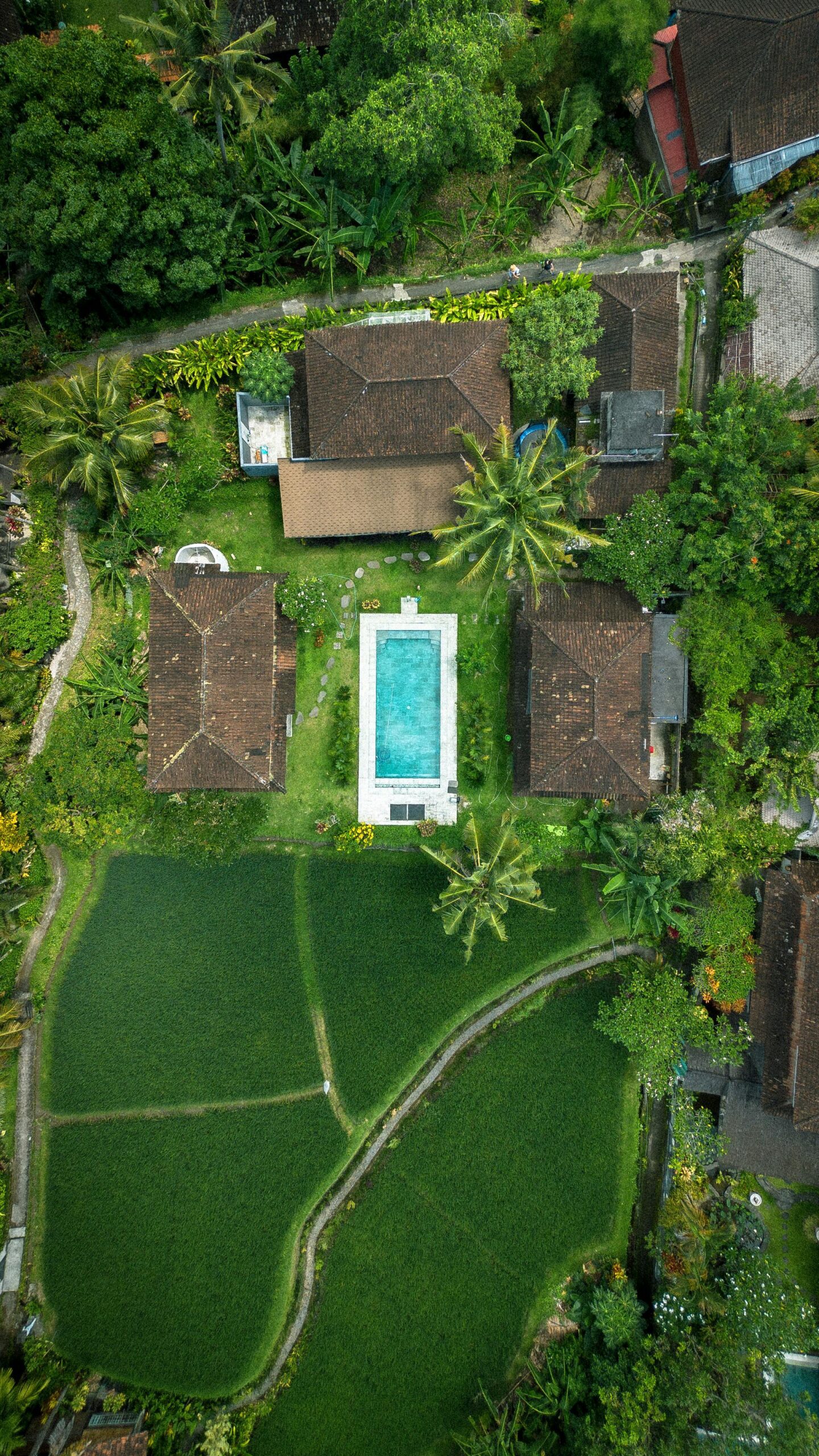 Stunning aerial shot of luxury estate with swimming pool surrounded by lush greenery.